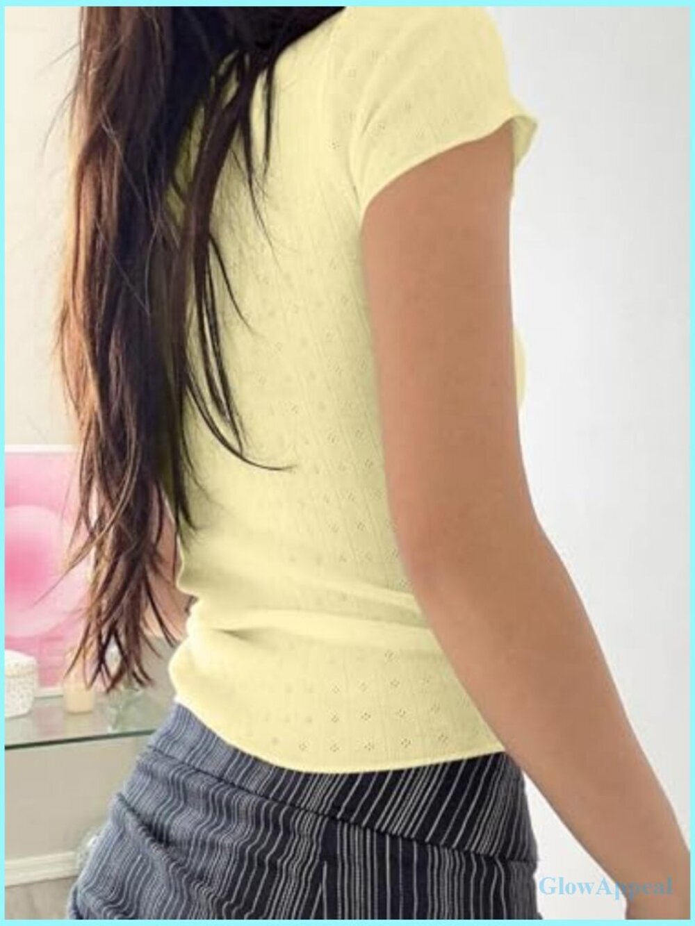 Slim Fit Pointelle Lace Crop Top Scoop Neck Short Sleeve Tee - Picture 2 of 2